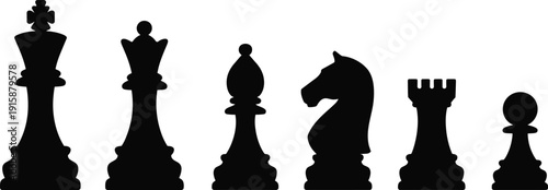 Chess pieces silhouette vector illustration, black chessmen set including king, queen, bishop, knight, rook, and pawn, strategy game design, classic board art