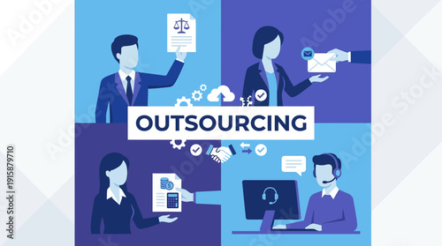 Professional Outsourcing Business Services Concept Illustration. Delegation of Legal, Accounting, Communication, and Customer Support Functions.