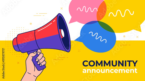 Megaphone Community Announcement Vector. Hand Holding Loudspeaker for Public News, Marketing Alert, and Social Media Promotion Background.