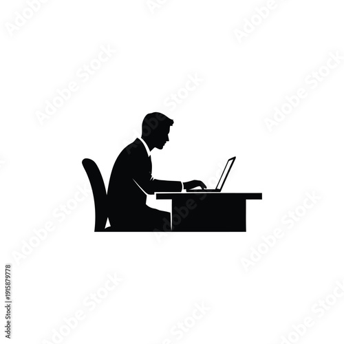 Man working on laptop at desk, illustration of modern office workspace from side view