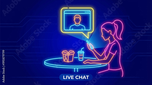 Neon Live Chat Vector: Woman on Video Call via Smartphone. Glowing Digital Communication, Online Dating, and Customer Support Concept.