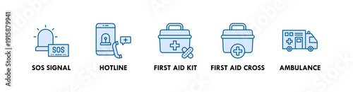 Emergency banner web icon illustration concept with icon of sos signal, hotline, first aid kit, first aid cross, ambulance