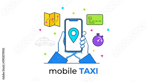Mobile Taxi Booking App Concept Illustration. Ride Sharing Service UI/UX, GPS Navigation, Payment, and Fast Car Delivery.