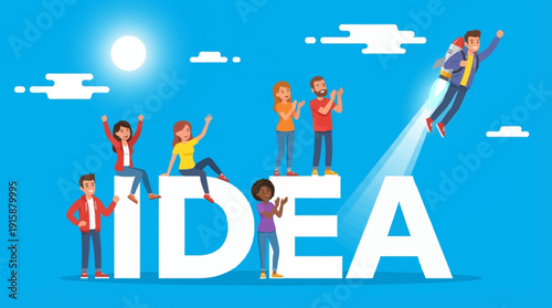 Successful Business Idea Launch Concept. Diverse Team Cheering for Innovation and Startup Success, with Man Flying on Rocket Jetpack.