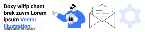 Cybersecurity, data protection, email security, digital services, encryption, secure communication. Man pointing at a lock shield, an envelope and a gear. Cybersecurity and data protection concept
