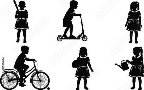 Children activity silhouettes collection, boys and girls playing with scooter bicycle ball and watering can, black and white flat vector illustration