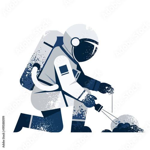 Astronaut collecting moon rock sample with tool