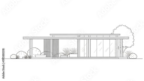 Elegant Modernist Residence Line Drawing Showcasing Sleek Design and Greenery
