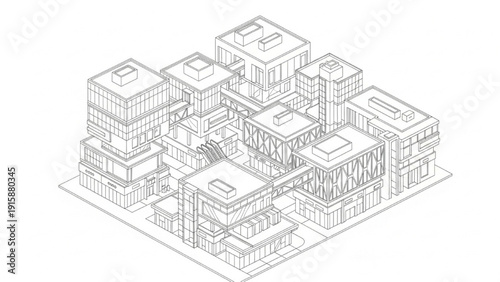 Isometric architectural illustration of a modern complex with interconnected buildings