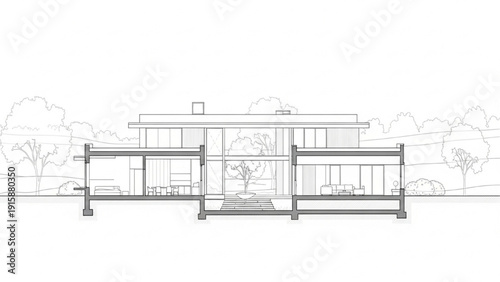 Contemporary residential building cross-section revealing interior layout and surrounding landscape