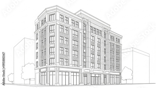 Architectural rendering of a modern commercial building with storefronts and upper-level apartments