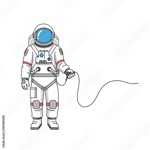 Astronaut standing with tether, cartoon style illustration
