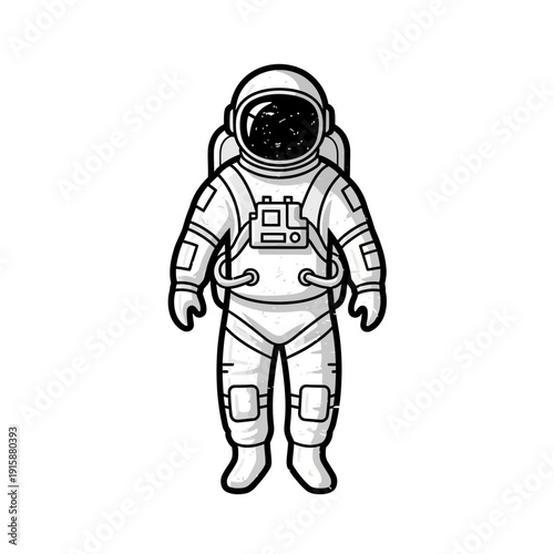 Astronaut standing, space suit, helmet, exploration, science, retro style