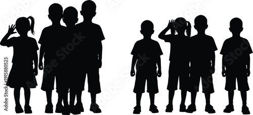 Children group silhouette illustration isolated on white background, kids standing together in different poses for youth, friendship, childhood, education, 