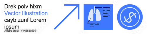 Health analytics, financial technology, medical economy, healthcare systems, data insights, cost analysis. Arrow, lungs icon and money symbol in blue. Health analytics and financial technology