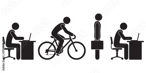 A set of people working and cycling in various positions illustrated in black and white vector graphics.