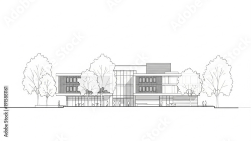 Architectural drawing of a modern building with trees and natural elements