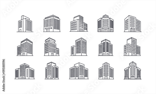 Collection of Modern Architectural Buildings in a Minimalist Line Art Style.