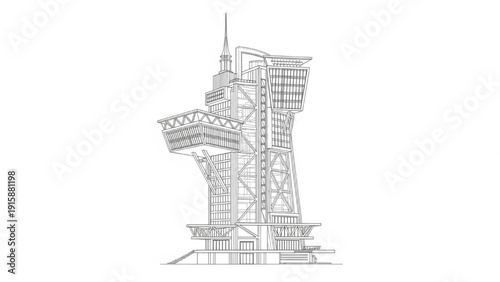 Architectural drawing of a unique and intricate futuristic skyscraper structure
