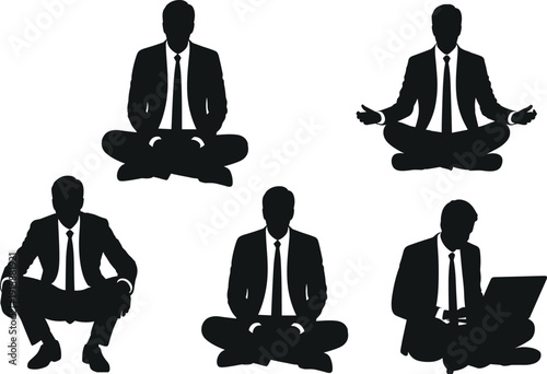 Business professionals in suits practicing mindfulness, meditation, technology use, and relaxed sitting postures symbolizing modern workplace balance