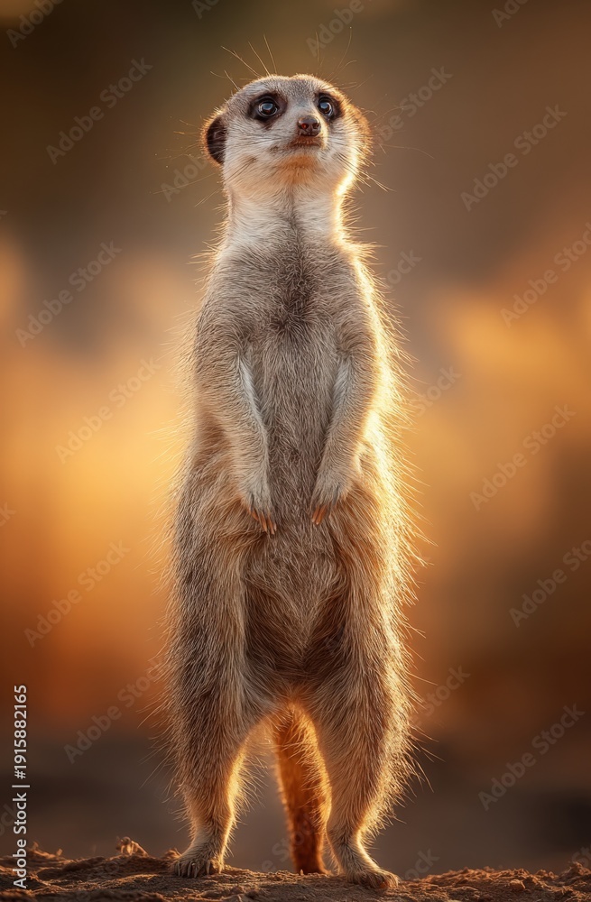 Fototapeta premium Alert Meerkat Standing Tall in Golden Light, Close-up Wildlife Portrait