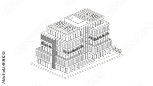 Sleek isometric architectural concept showcasing sustainable urban design and modern building innovation
