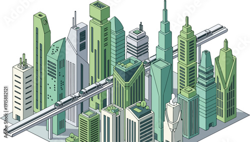 Futuristic cityscape with sleek skyscrapers and elevated monorail track illustrating modern urban landscape and transportation system