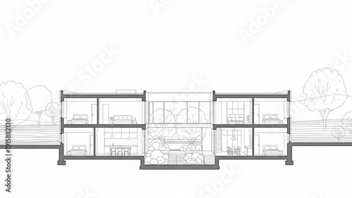 Architectural cross-section showcasing a modern home with intricate interior design