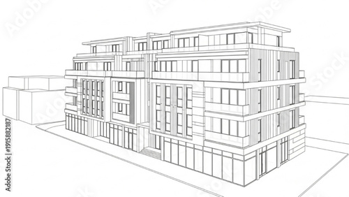 Architectural Rendering of a Modern Multi-Story Building with Retail Spaces