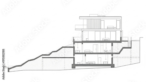 Modern residential structure's cross-section revealing innovative hillside integration and spatial design principles