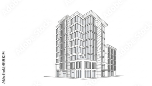 Elegant line art illustration of a modern multistory building, showcasing sophisticated urban architecture and contemporary design