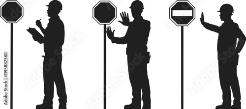 Construction workers silhouettes with safety signs, stop gestures, inspection clipboard, caution symbols, industrial safety concept, roadwork illustration