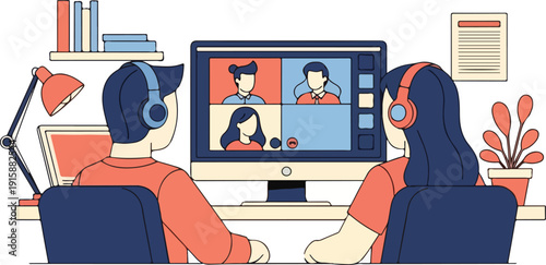 Two individuals engaged in a video conference on a computer, wearing headphones in a workspace environment.