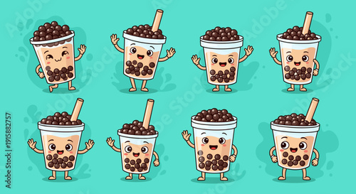 Cartoon Bubble Tea Characters with Straws 1.
