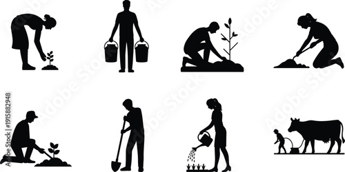 Silhouette farmers performing traditional agricultural tasks, planting seedlings, watering plants, digging soil, carrying buckets, milking cow, cultivating land