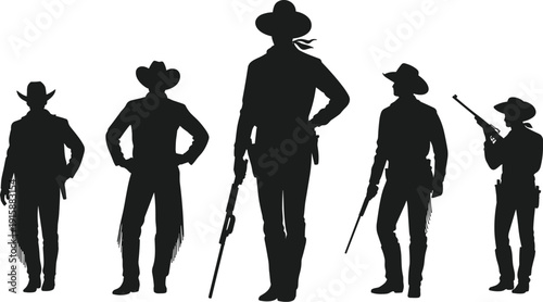 Silhouetted cowboy figures in frontier attire, western gunslinger group with hats and boots, Wild West outlaw culture illustration