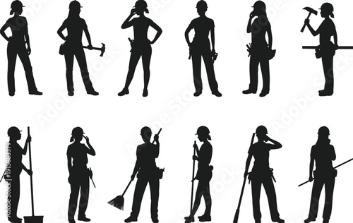 Silhouettes of construction workers with tools, teamwork in maintenance, cleaning, communication, industrial labor roles, occupational diversity