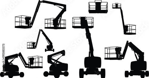 Silhouettes of aerial work platforms and boom lifts showcasing industrial construction equipment versatility for elevated access and maintenance tasks