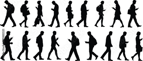 Silhouettes of diverse people walking while using smartphones, modern lifestyle concept showing mobile phone addiction and constant connectivity