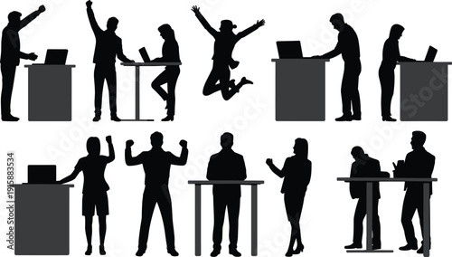 Silhouettes of diverse professionals collaborating at modern standing desks, working on laptops, conversing, and celebrating in dynamic office environment