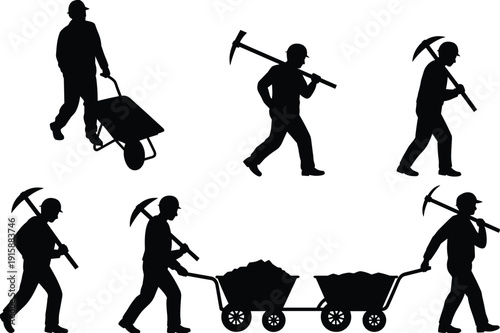 Silhouettes of miners working with pickaxes, wheelbarrow, and mining cart, representing coal industry labor and teamwork underground