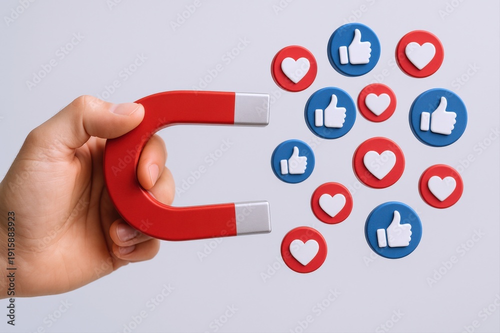 Naklejka premium Hand Holding Magnet Attracting Social Media Likes and Hearts, Concept of Online Influence and Engagement