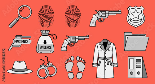 Forensic Investigation Icons Featuring Lab Coat and Evidence.