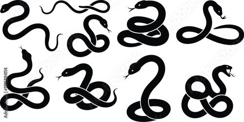 Stylized snake silhouettes collection, artistic reptile designs, coiled serpent shapes, tattoo inspiration, symbolic snake artwork, vector illustration
