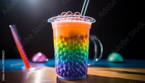 Colorful Bubble Tea With Boba Pearls And Rainbow Layers
