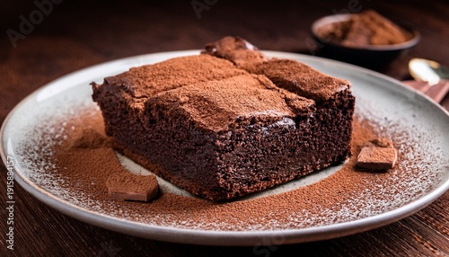 Rich Chocolate Brownie With Cocoa Powder On A Plate