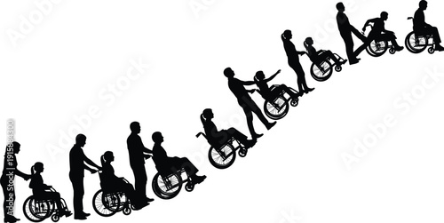 Caregiver assisting wheelchair users uphill illustration, disability support and accessibility concept, rehabilitation progress scene, black and white vector design showing 