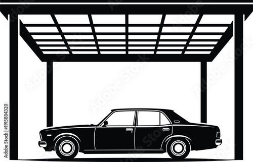 Carport garage vector illustration with classic sedan parked under covered structure, black silhouette icon for residential parking, vehicle protection, home exterior design
