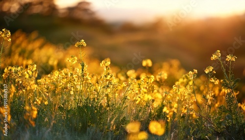 Bright Yellow Wildflowers Blooming Beautifully In Warm Sunlight Of Summer