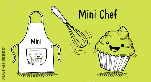Mini Chef Cartoon Apron Whisk Cupcake Illustration.